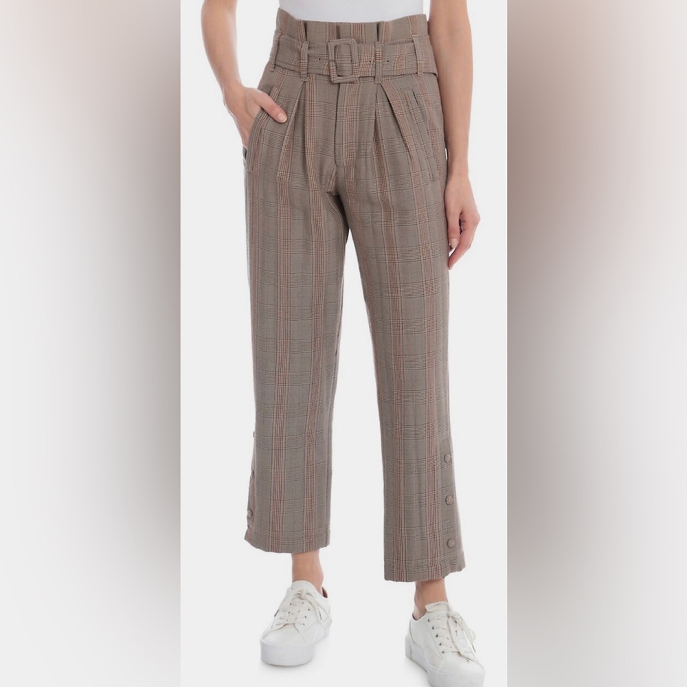 Avec Les Filles Plaid Paperbag Waist Belted Trousers, size M